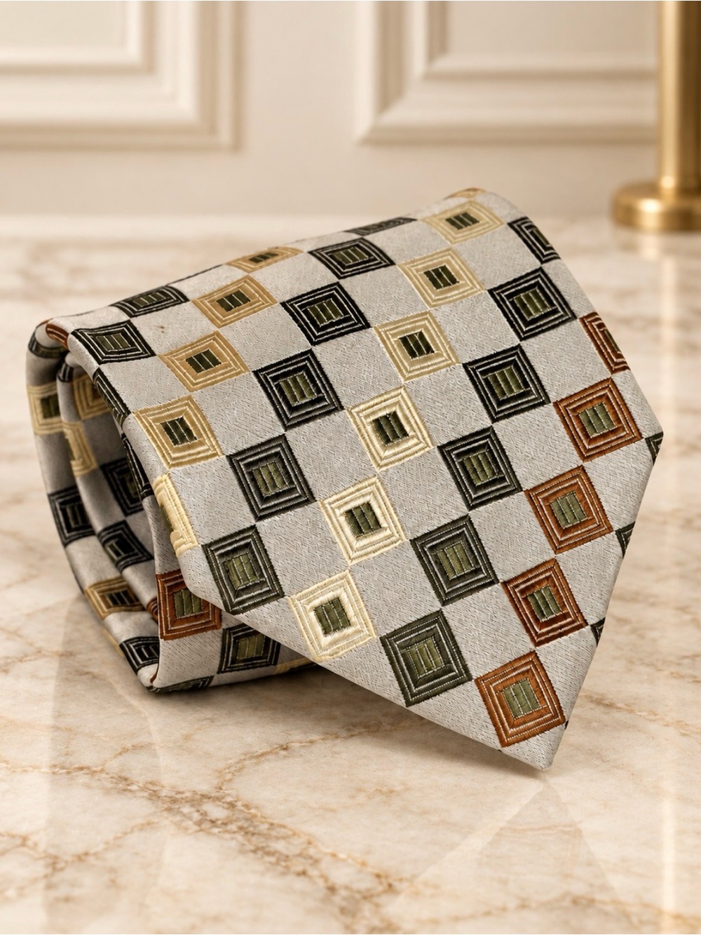 Peacock Brand Men's Silk Checkered Brown Gold & Green Necktie